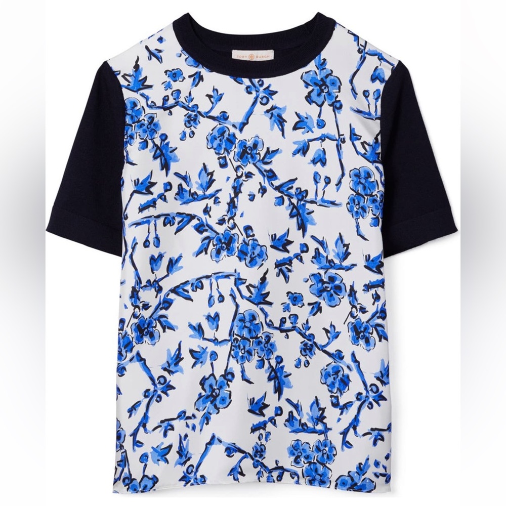 TORY BURCH SILK FRONT T-SHIRT SWEATER FLORAL SIZE S/P